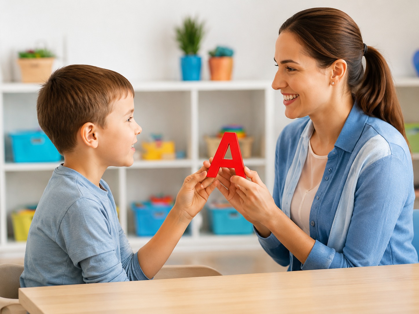 Child working with a speech therapist on communication skills